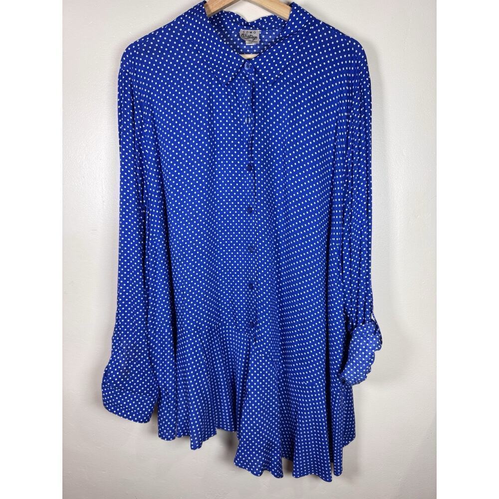 Comp Vintage Plus Size Womens Blouse 3X Blue Collared Roll Tab Polka Dot Peplum